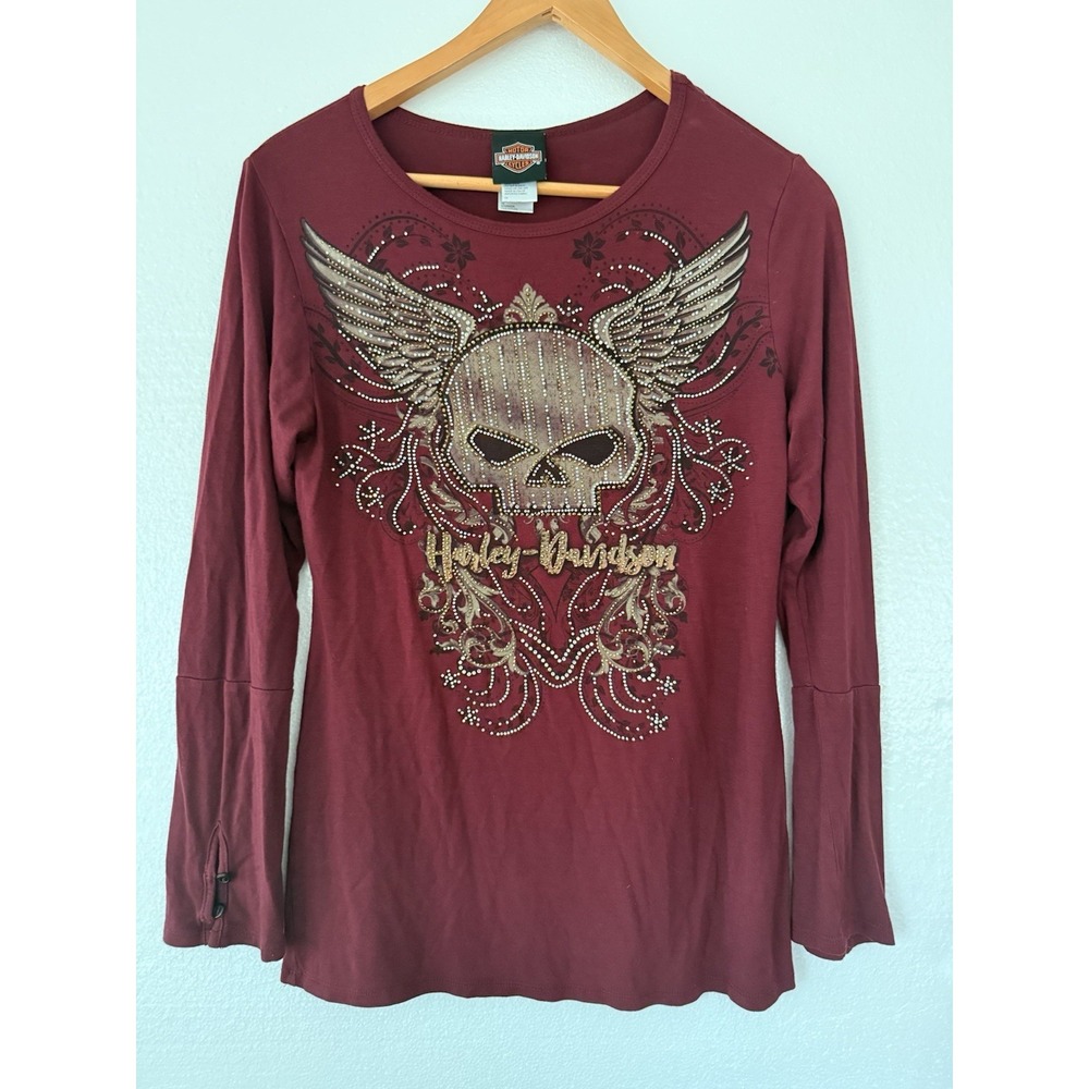 Harley Davidson Womens Skull Wing Shirt Medium Burgundy Rhinestone Biker  Y2K